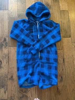 chubbies Blue and Navy Check Hooded Zip fleece onesie